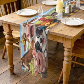 Farmhouse 4.5ft Cheesecloth Table Runner for Wedding 19"x55", Funny Cow Horse Pig Face Cute Dog Duck Chicken Donkey Kitchen Dinner Sheer Tulle Chiffon Dresser Scarf, Holiday Party Decorations