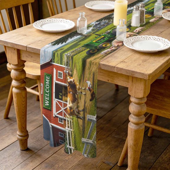 Farmhouse 4.5ft Cheesecloth Table Runner for Wedding 19"x55", Rustic Red Barn Animal Tractor Cow Rural Fence Kitchen Dinner Sheer Tulle Chiffon Dresser Scarf, Holiday Party Decorations