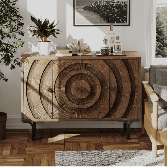 Farmhouse 4-Door Storage Cabinet, Accent Sideboard Buffet Cabinet with Circle Pattern and Radioactive Wood Lines, Brown