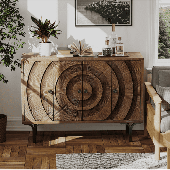 Farmhouse 4-Door Storage Cabinet, Accent Sideboard Buffet Cabinet with Circle Pattern and Radioactive Wood Lines, Brown
