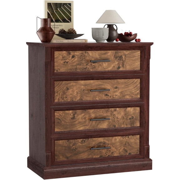 Farmhouse 4 Drawer Dresser for Bedroom, Tall Chest of Drawers with Metal Handles, Rustic Wooden Dresser TV Stand, for Living Room, Hallway, Brown