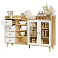 thumbnail image 1 of Farmhouse 4-Drawer Sideboard Buffet – Glass-Door Cabinet with Open Racks & Adjustable Shelf for Dining Room Coffee Bar - Natural, 1 of 7