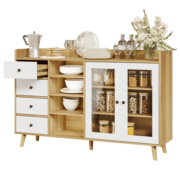 Farmhouse 4-Drawer Sideboard Buffet – Glass-Door Cabinet with Open Racks & Adjustable Shelf for Dining Room Coffee Bar - Natural