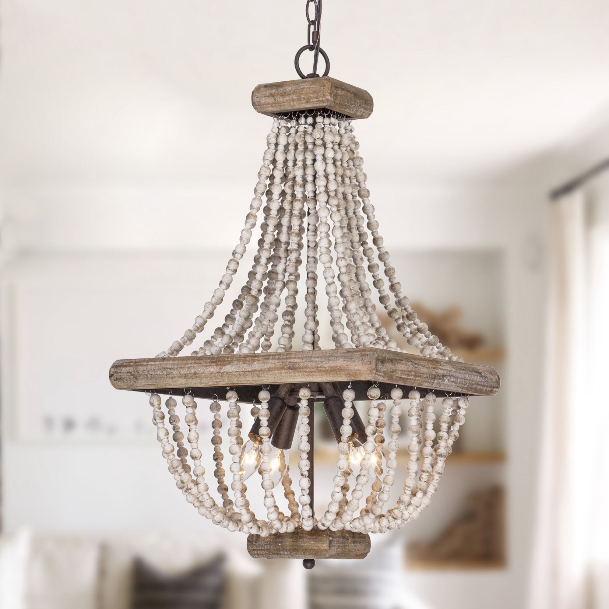 Farmhouse 4Light Adjustable Distressed Wood Bead Empire Chandelier