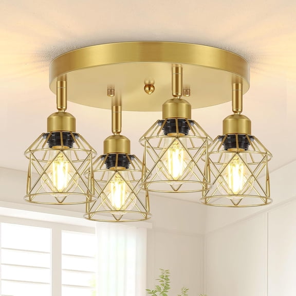 Farmhouse 4-Light Brushed Gold Adjustable Flush Mount Ceiling Light for Kitchen, Hallway, Dining Room