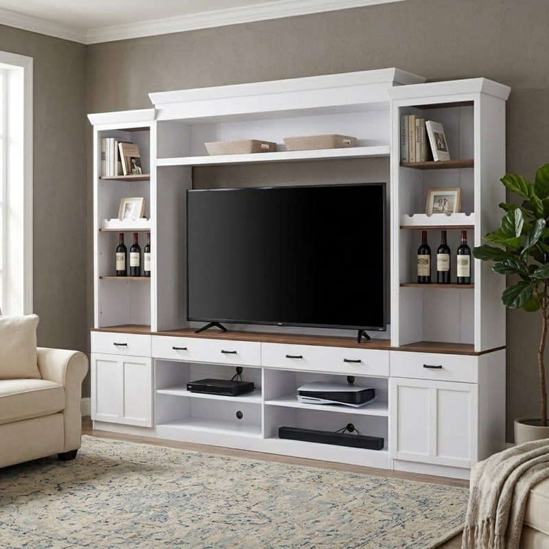 Farmhouse 4-Piece Entertainment Center with Bookshelves for TVs Up to 70", TV Stand with Storage Cabinets, Drawers, Adjustable Shelves and Wine Rack, Mid-Century Media Console for Living Room