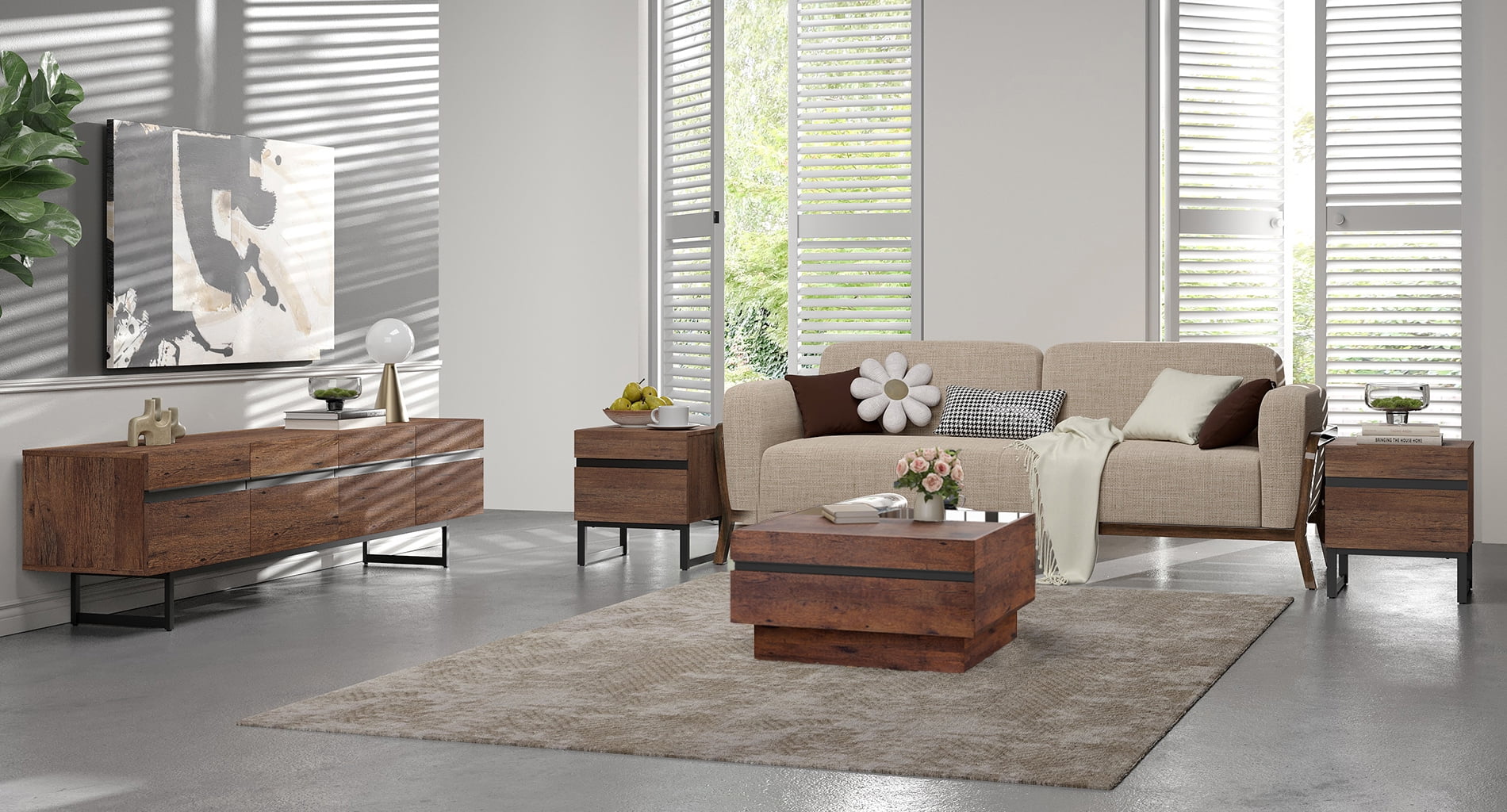 Farmhouse 4-Piece Living Room Furniture Set, 70 Inch TV Stand, 1 Square Top Coffee Table, 2 End Tables with Drawers, Modern Entertainment Center Console Table，Brown