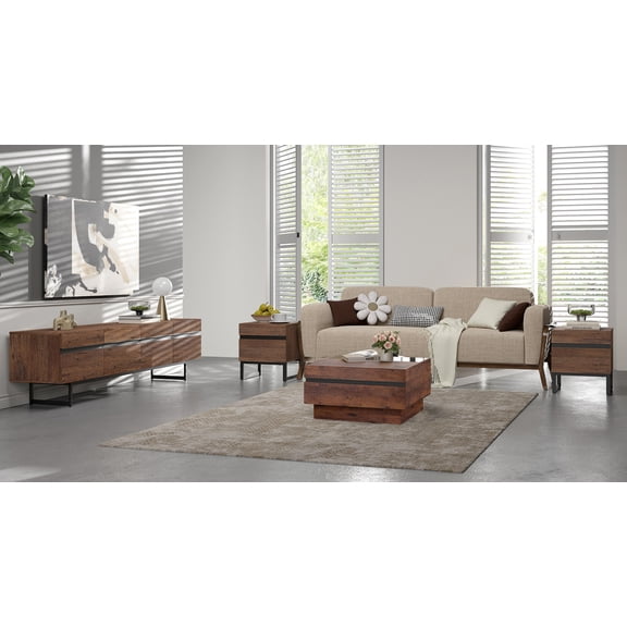 Farmhouse 4-Piece Living Room Furniture Set, 70 Inch TV Stand, 1 Square Top Coffee Table, 2 End Tables with Drawers, Modern Entertainment Center Console Table,Brown