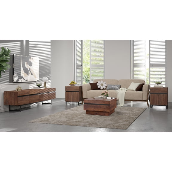Farmhouse 4-Piece Living Room Furniture Set, 70 Inch TV Stand, 1 Square Top Coffee Table, 2 End Tables with Drawers, Modern Entertainment Center Console Table，Brown