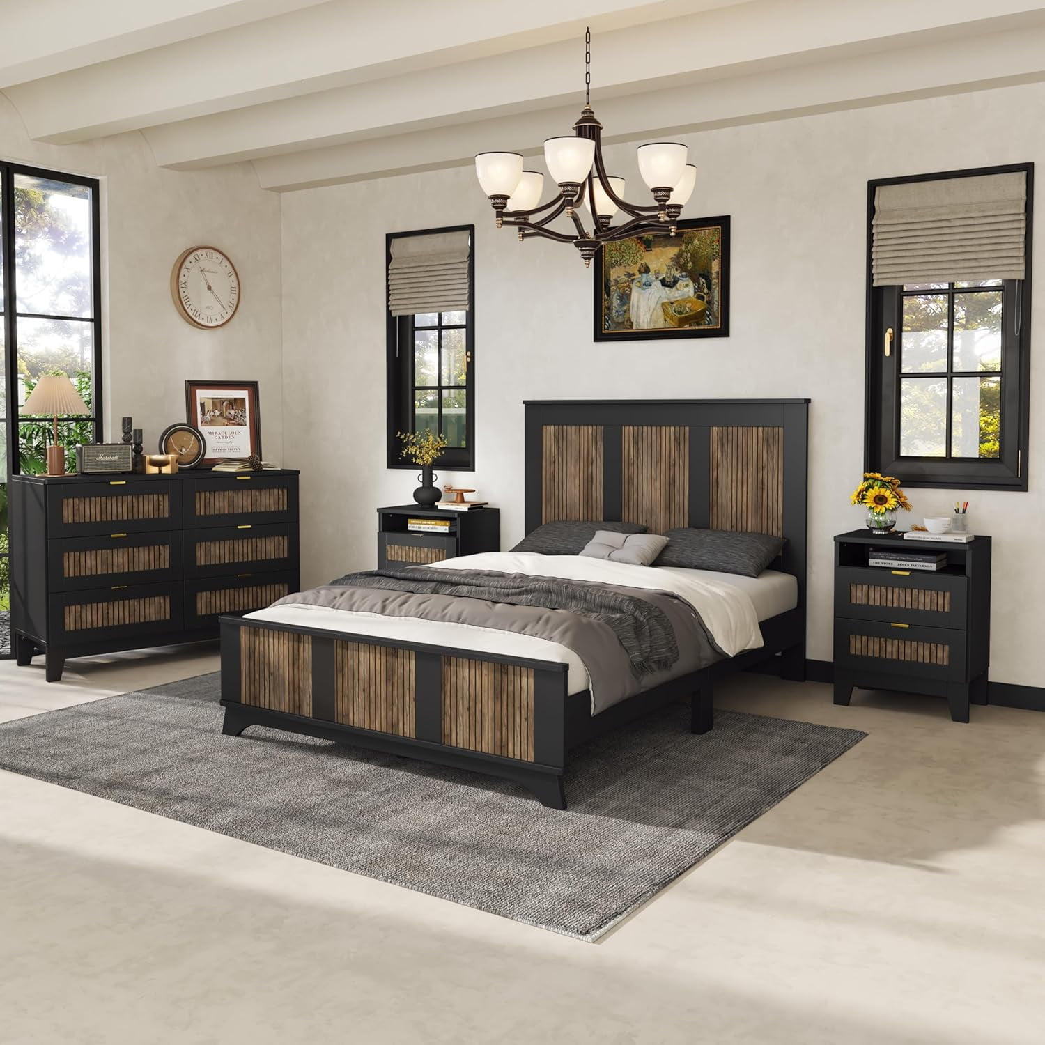 Farmhouse 4-Pieces Bedroom Sets, Full Size Farmhouse Platform Bed with ...