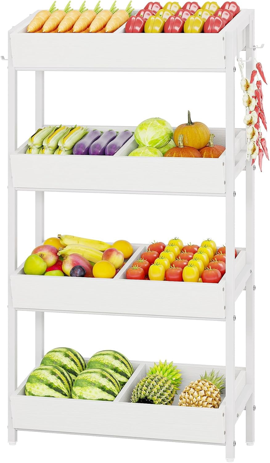 Vegetale Rack Farmhouse 4 Tier Wooden Vegetable Basket Stand Kitchen Market Storage ...