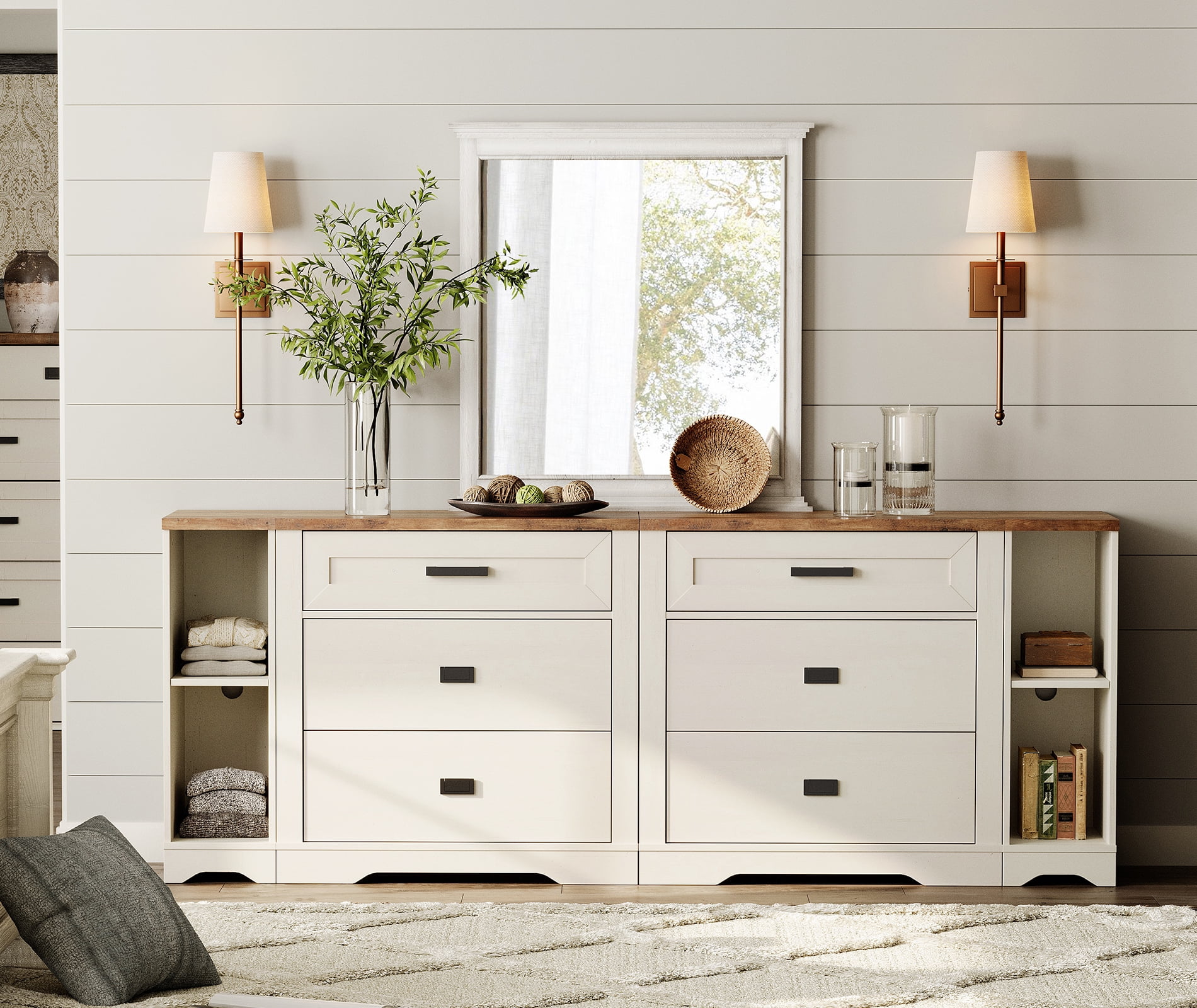 Farmhouse 4 in 1 Dresser TV Stand for 75 85 95" TVs ,Wood Entertainment Center with 6 Drawers Dresser Cabinet and Open Storage for Living Room ,White