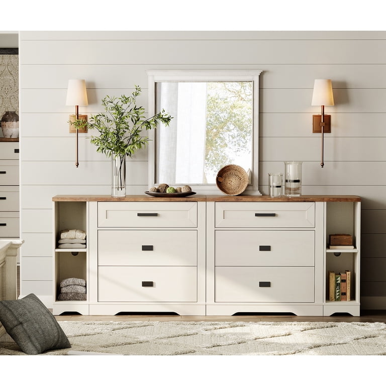Farmhouse 4 in 1 Dresser TV Stand for 75 85 95" TVs ,Wood Entertainment  Center with 6 Drawers Dresser Cabinet and Open Storage for Living Room  ,White