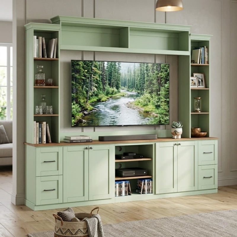 Farmhouse 4-in-1 Entertainment Center Wall Unit for TVs up to 70" with Bookshelf, TV Stand with Drawers and Adjustable Shelves for Living Room