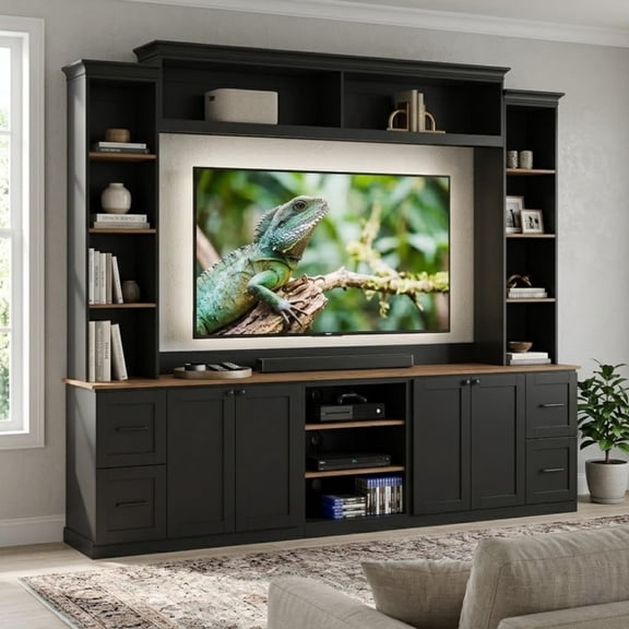 Farmhouse 4-in-1 Entertainment Center Wall Unit for TVs up to 70" with Bookshelf, TV Stand with Drawers and Adjustable Shelves for Living Room
