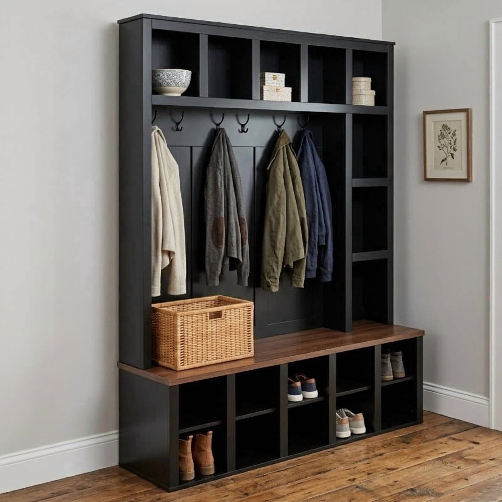 Farmhouse 4-in-1 Entryway Hall Tree with 6 Hooks, Versatile Storage Bench with Open Cubbies, Entryway Coat Rack with Adjustable Shelves for Mudroom, Living Room