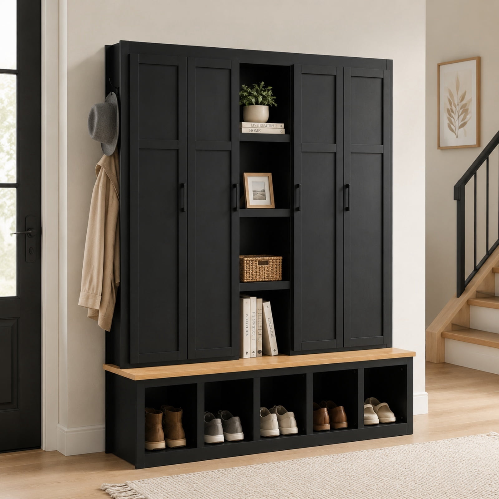 Farmhouse 4-in-1 Hall Tree with 6 Hanging Hooks, 62.9''W Mudroom Wood Grain Bench Shoe Organizer with Cubbies, Entryway Coat Rack with Storage Shelves for Hallway, Living Room