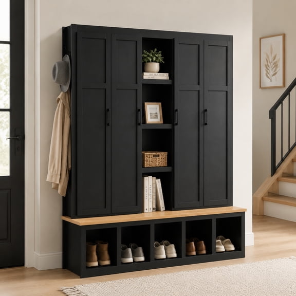 Farmhouse 4-in-1 Hall Tree with 6 Hanging Hooks, 62.9''W Mudroom Wood Grain Bench Shoe Organizer with Cubbies, Entryway Coat Rack with Storage Shelves for Hallway, Living Room