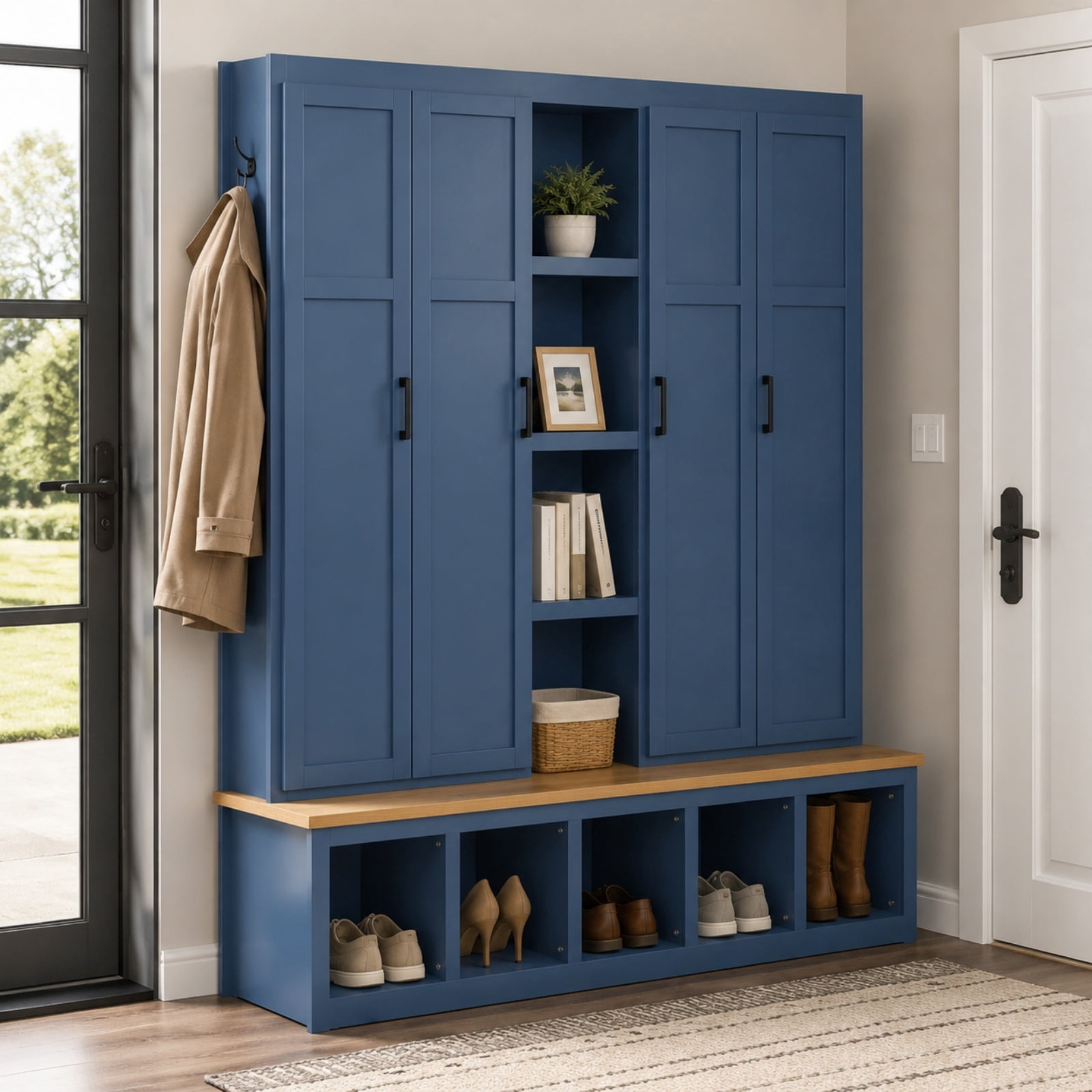 Farmhouse 4-in-1 Hall Tree with 6 Hanging Hooks, 62.9''W Mudroom Wood Grain Bench Shoe Organizer with Cubbies, Entryway Coat Rack with Storage Shelves for Hallway, Living Room
