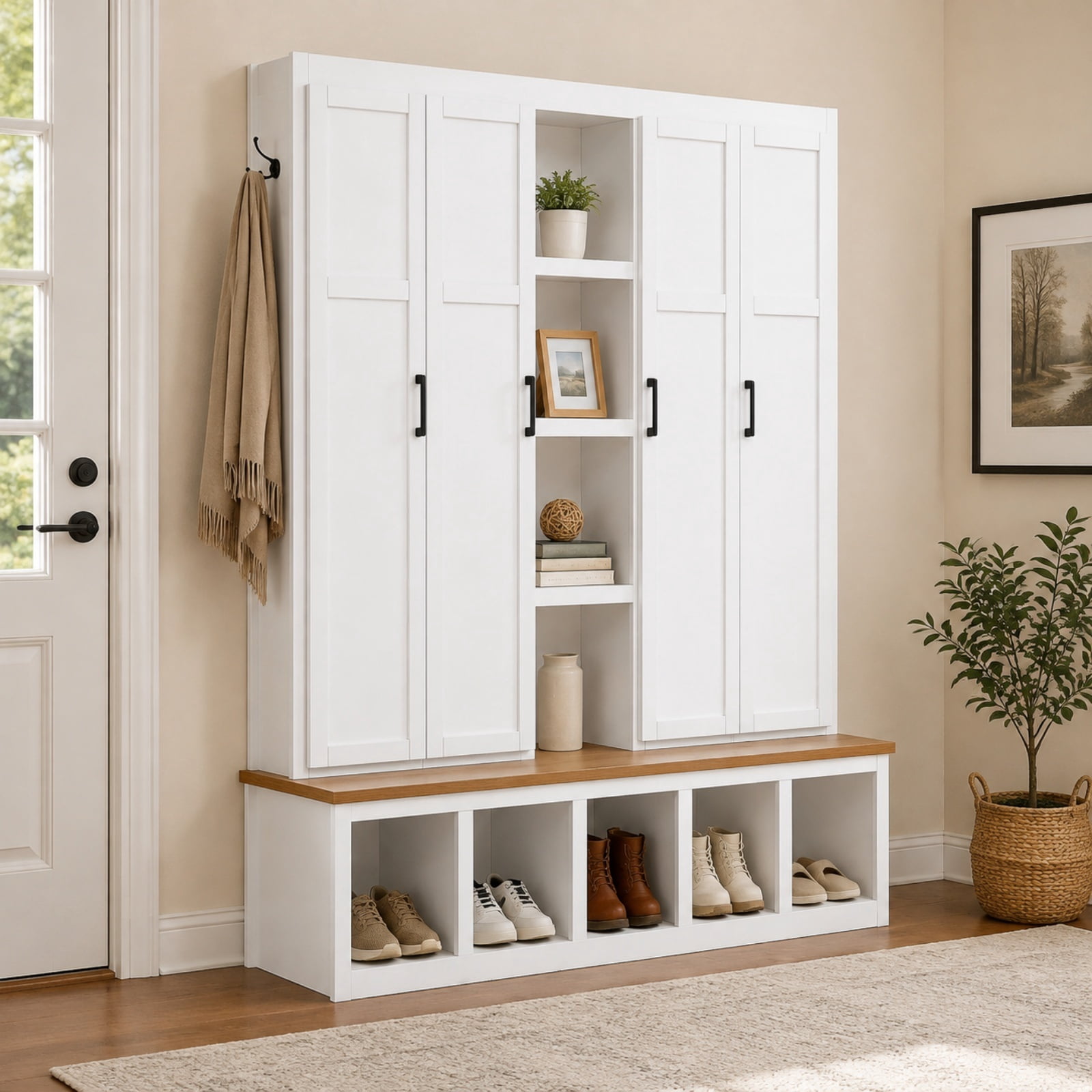 Farmhouse 4-in-1 Hall Tree with 6 Hanging Hooks, 62.9''W Mudroom Wood Grain Bench Shoe Organizer with Cubbies, Entryway Coat Rack with Storage Shelves for Hallway, Living Room