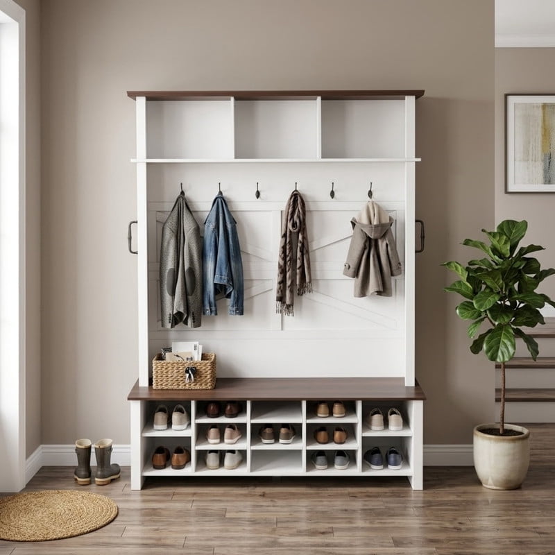 Farmhouse 4-in-1 Hall Tree with 6 Hooks, Entryway Bench with 16 Open Compartments, Wooden Style Rustic Coat Rack with Shelves for Mudroom, Living Room