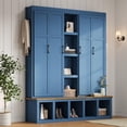thumbnail image 1 of Farmhouse 4-in-1 Hall Tree with 6 Hooks & Open Storage Compartments, Multi-Functional Shoe Cabinet & Seating Bench for Entryway, Mudroom, Living Room - Durable MDF Construction, Blue, 1 of 9
