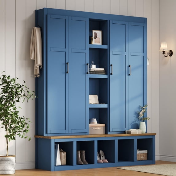 Farmhouse 4-in-1 Hall Tree with 6 Hooks & Open Storage Compartments, Multi-Functional Shoe Cabinet & Seating Bench for Entryway, Mudroom, Living Room - Durable MDF Construction, Blue