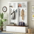thumbnail image 1 of Farmhouse  4-in-1 Hall Tree with Wood Grain Bench, Mudroom Versatile Coat Rack with 2 Large Drawers, Large Entrance Organizer with 6 Black Hooks for Hallway, Living Room, White, 55.9"Wx75.6"H, 1 of 9