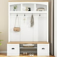 thumbnail image 1 of Farmhouse 4-in-1 Hall Tree with Wood Grain Bench and Top, Multifunctional Coat Rack with Black Hooks and Shell Handles, Mudroom Bench with Adjustable Shelves, White, 1 of 16