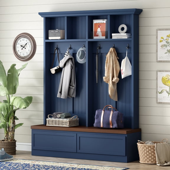 Farmhouse 4-in-1 Hall Tree with Wood Grain Bench, Versatile Mudroom Coat Rack with 2 Large Storage Drawers, Multifunctional Entrance Organizer Furniture for Hallway, Entryway and Living Room,Blue