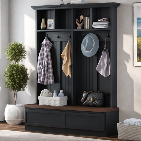 Farmhouse 4-in-1 Hall Tree with Wood Grain Bench, Versatile Mudroom Coat Rack with 2 Large Storage Drawers, Multifunctional Entrance Organizer Furniture for Hallway, Entryway and Living Room,Black