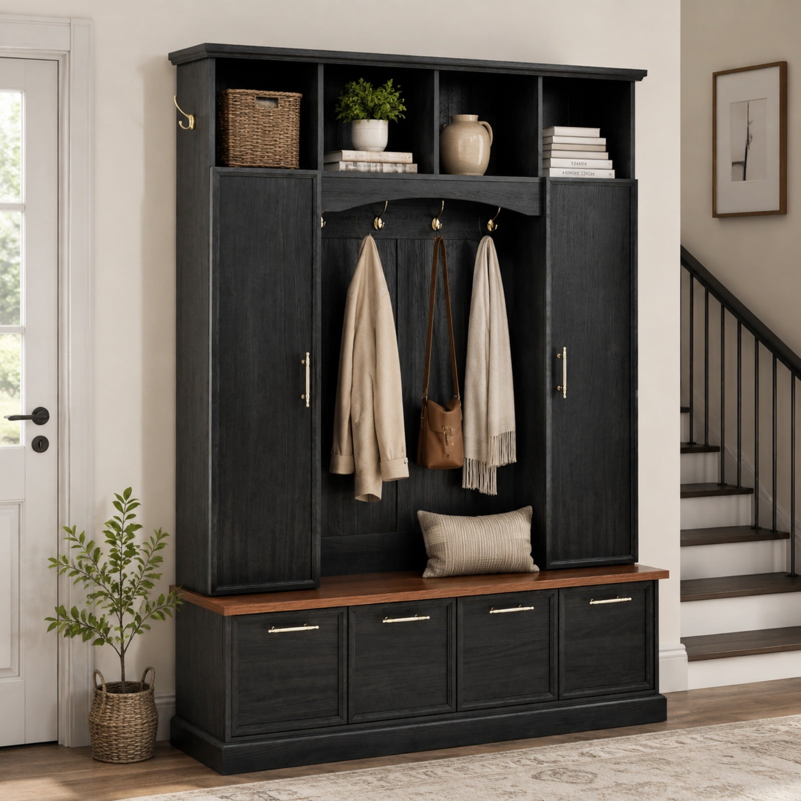 Farmhouse 4-in-1 Hall Tree with Golden Hooks & Handles, Entryway Shoe Bench with Adjustable Shelves, Farmhouse Coat & Shoe Rack for Mudroom