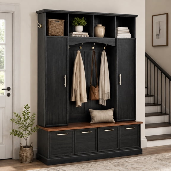 Farmhouse 4-in-1 Hall Tree with Golden Hooks & Handles, Entryway Shoe Bench with Adjustable Shelves, Farmhouse Coat & Shoe Rack for Mudroom