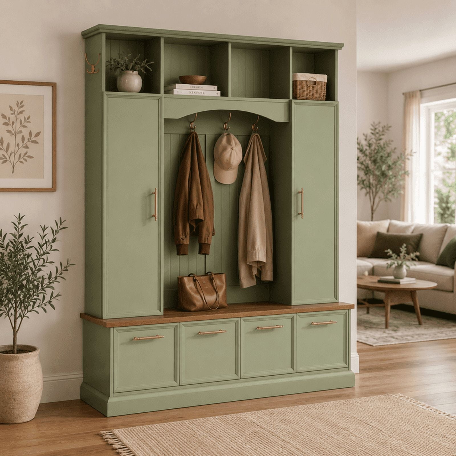 Farmhouse 4-in-1 Hall Tree with Golden Hooks & Handles, Entryway Shoe Bench with Adjustable Shelves, Farmhouse Coat & Shoe Rack for Mudroom