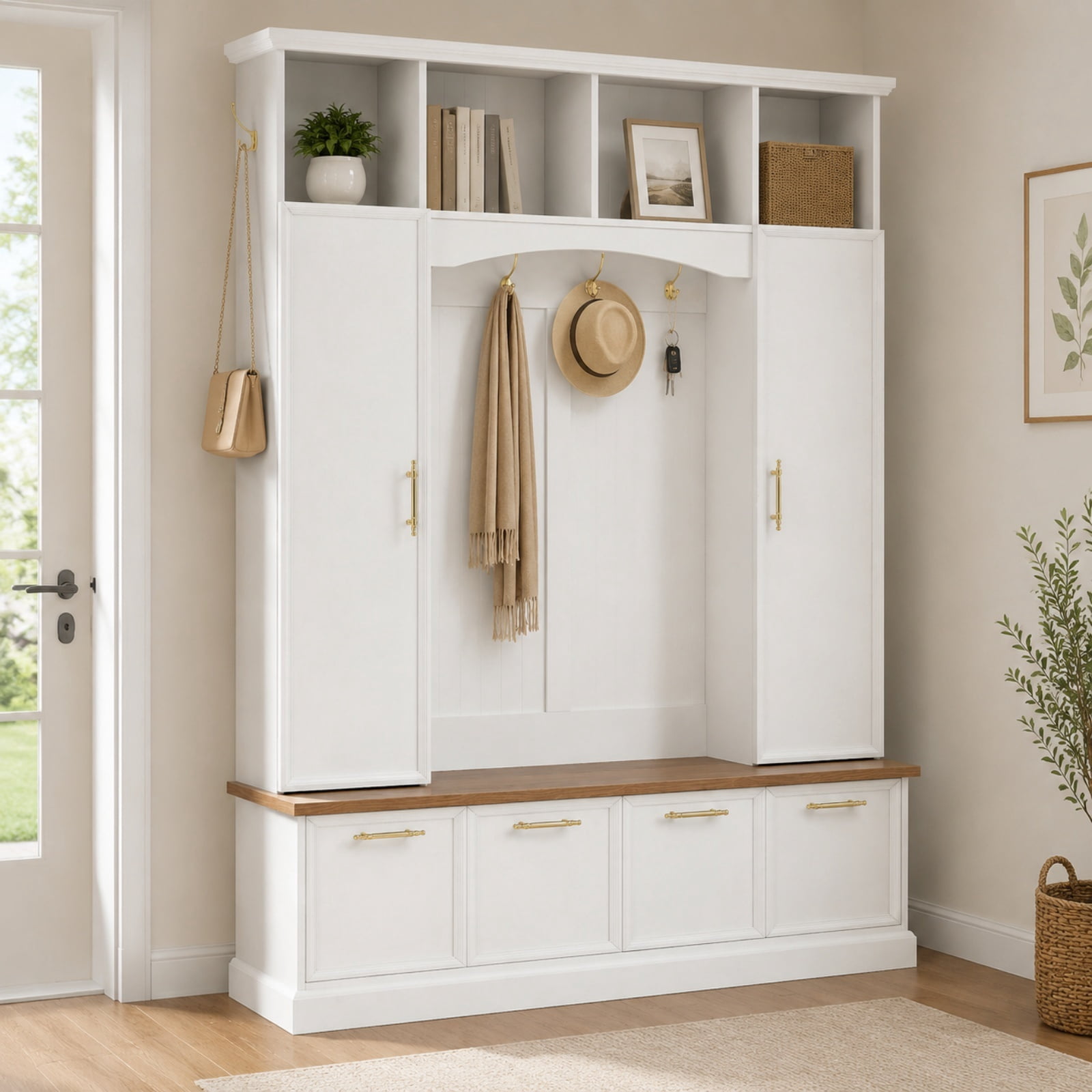 Farmhouse 4-in-1 Hall Tree with Golden Hooks & Handles, Entryway Shoe Bench with Adjustable Shelves, Farmhouse Coat & Shoe Rack for Mudroom