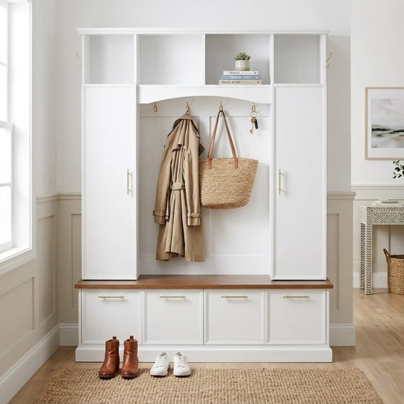 Farmhouse 4-in-1 Hall Tree with Golden Hooks & Handles, Entryway Shoe Bench with Adjustable Shelves, Farmhouse Coat & Shoe Rack for Mudroom