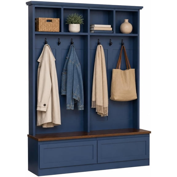 Farmhouse 4-in-1 Hall Tree with Storage Bench, Mudroom Coat Rack with 2 Drawers, Entryway Organizer with Hooks and Shelves, Blue, 55.9 Inch Wide