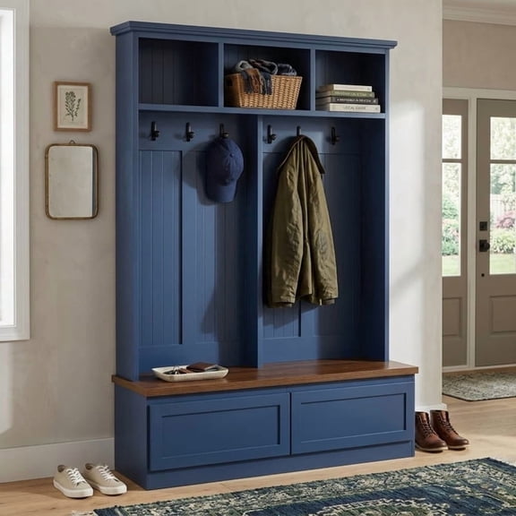 Farmhouse 4-in-1 Hall Tree with Storage Bench, Versatile Coat Rack with 2 Drawers, Entryway Organizer with 6 Hooks for Hallway, Living Room
