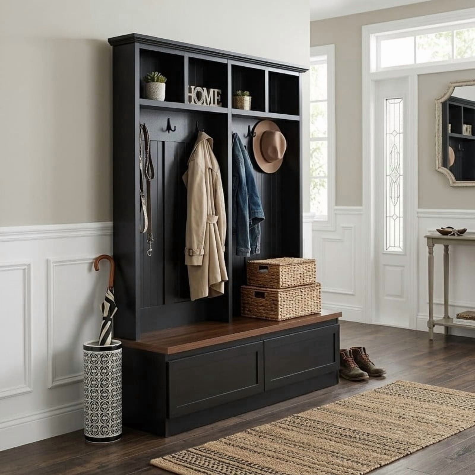 Farmhouse 4-in-1 Hall Tree with Storage Bench, Versatile Coat Rack with 2 Drawers, Entryway Organizer with 6 Hooks for Hallway, Living Room