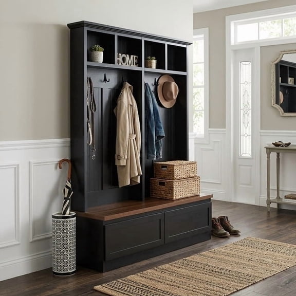 Farmhouse 4-in-1 Hall Tree with Storage Bench, Versatile Coat Rack with 2 Drawers, Entryway Organizer with 6 Hooks for Hallway, Living Room