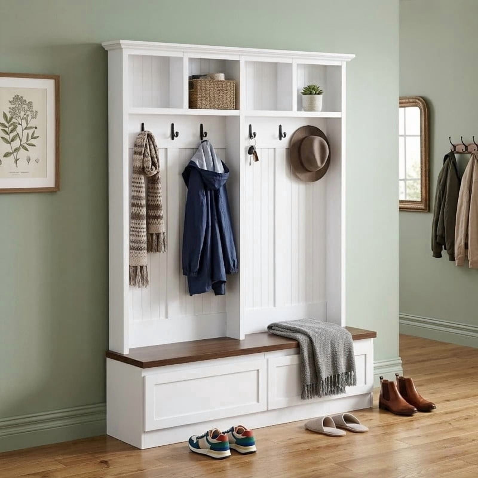 Farmhouse 4-in-1 Hall Tree with Storage Bench, Versatile Coat Rack with 2 Drawers, Entryway Organizer with 6 Hooks for Hallway, Living Room