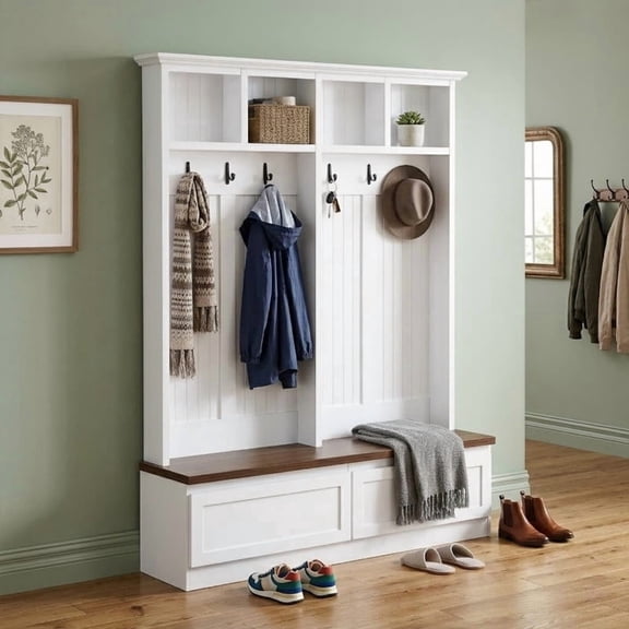 Farmhouse 4-in-1 Hall Tree with Storage Bench, Versatile Coat Rack with 2 Drawers, Entryway Organizer with 6 Hooks for Hallway, Living Room