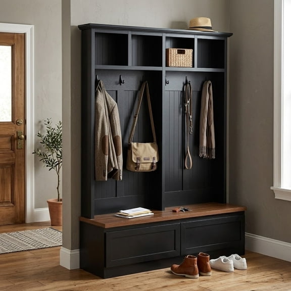Farmhouse 4-in-1 Hall Tree with Storage Bench, Versatile Coat Rack with 2 Drawers, Entryway Organizer with 6 Hooks for Hallway, Living Room