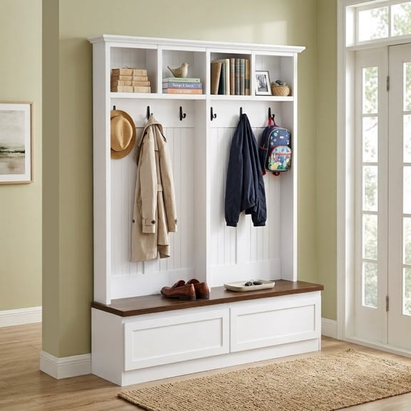 Farmhouse 4-in-1 Hall Tree with Storage Bench, Versatile Coat Rack with 2 Drawers, Entryway Organizer with 6 Hooks for Hallway, Living Room