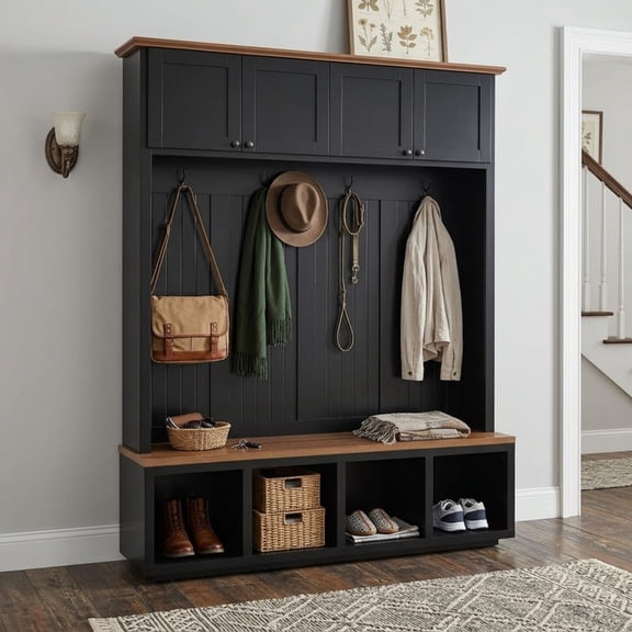 Farmhouse 4-in-1 Hall Tree with Top Cabinets, 59''W Coat Rack with 4 Hooks, Entryway Bench with Cubbies for Hallway Living Room Mudroom