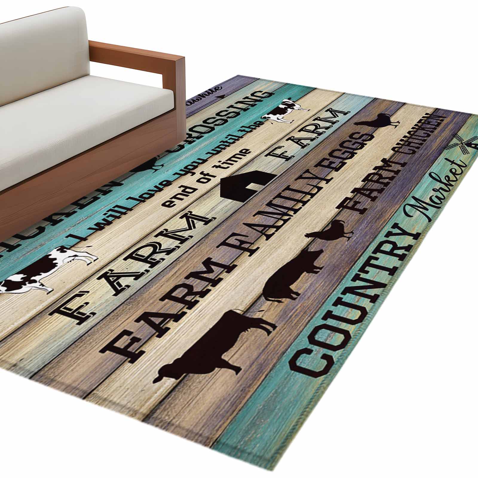 Farmhouse 4'x6' Area Rugs Barn Cow Pig Chicken Brown Teal Ombre Wood ...