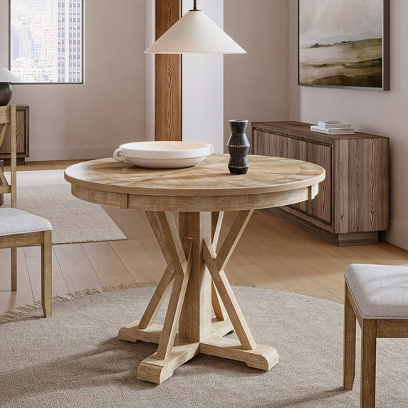 Farmhouse 40" Round Dining Table Rustic Solid Wood X-Base Dinner Table 4 People Dining Room Kitchen Natural