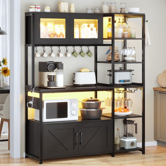 Farmhouse 45.3" Bakers Rack with Power Outlet and LED Light, Kitchen Microwave Stand with Storage, Glass Cabinet and 8 Hooks