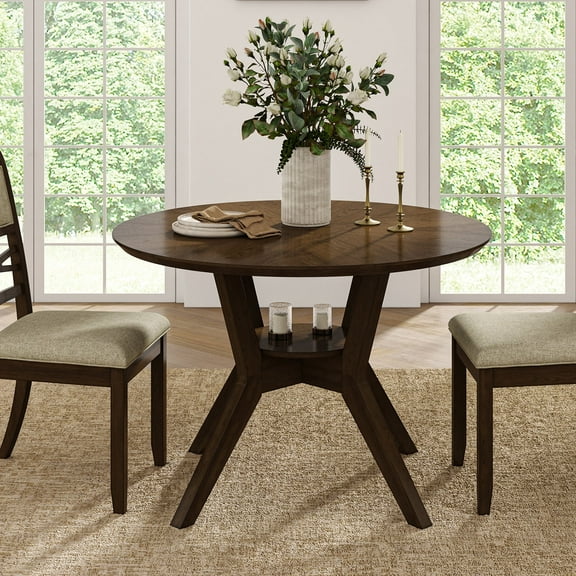 Farmhouse 45" Round Dining Table Solid Wood X-Shape Open Shelf Dining Room Kitchen Natural