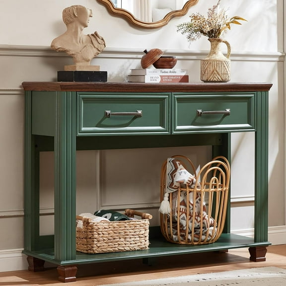 Farmhouse 46" Console Table with 2 Drawers, Rustic Wood 2 Tier Entryway Table with Open Storage Shelf for Entry, Large Mid-Century Vintage Sofa Tables Behind Couch for Living Room, Green